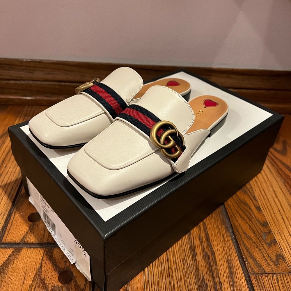 Gucci Calfskin Womens Peyton GG Slippers White